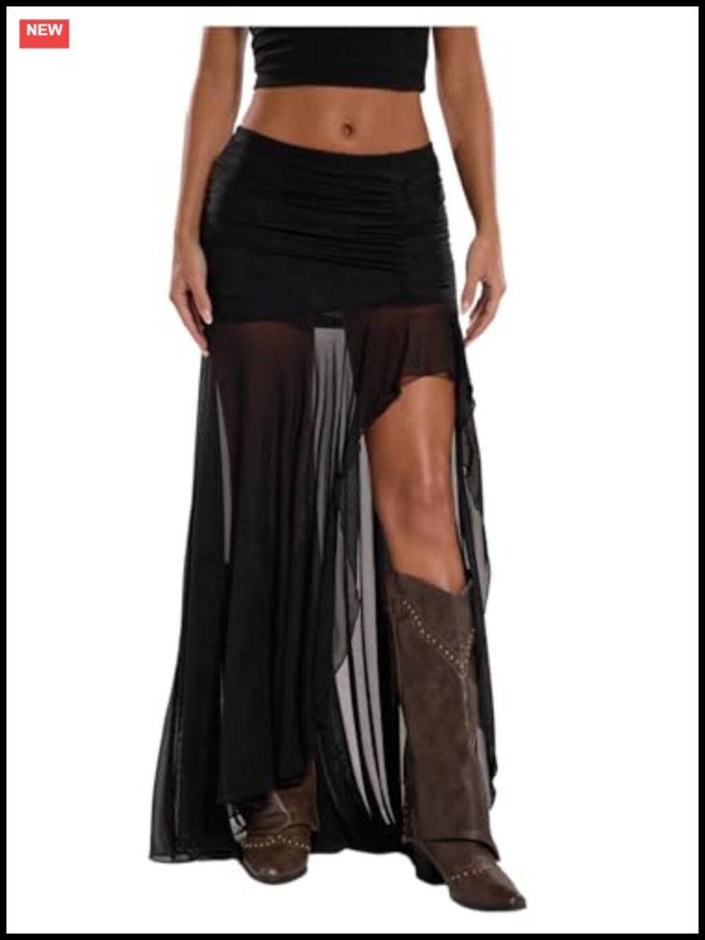 Sheer Mesh Pleated Maxi Skirt High Slit Asymmetrical Bodycon Night Out